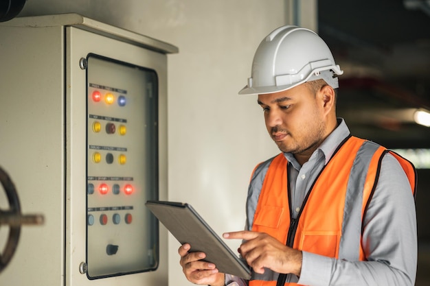 Junger asiatischer Ingenieur, der an der Überprüfung und Wartung von Schaltschränken für die Sicherheit arbeitet Arbeiter, der ein Tablet verwendet, um die Systemelektrik des Gebäudes zu steuern