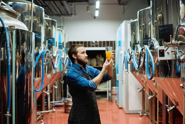 Junger bärtiger Brauereiarbeiter mit einem Glas Bier, das seine visuellen Eigenschaften nach der Vorbereitung während der Arbeit in der Verarbeitungsanlage bewertet