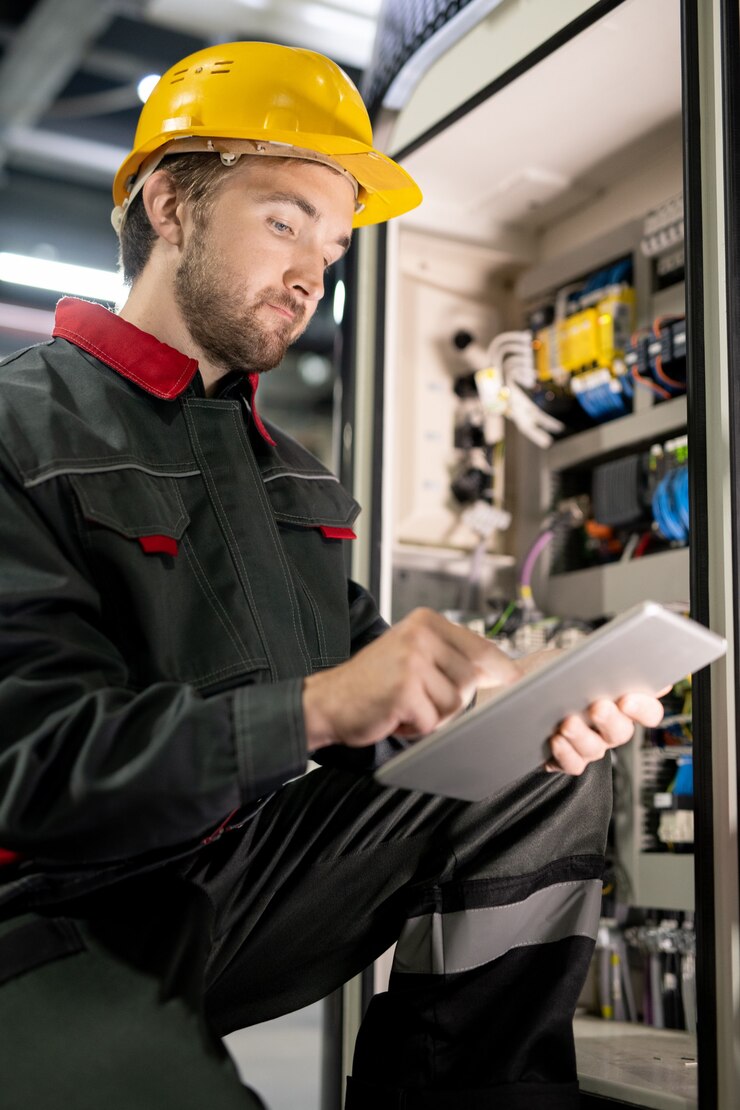 Foto junger bärtiger ingenieur in arbeitskleidung und schutzhelm, der die einstellungen der industriemaschine überprüft, während er durch technische daten im tablet scrollt