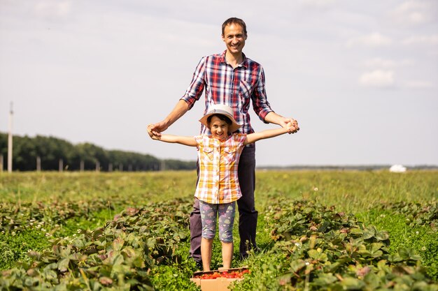 Junger Bauer, der im Garten arbeitet und Erdbeeren für seine kleine Tochter pflückt