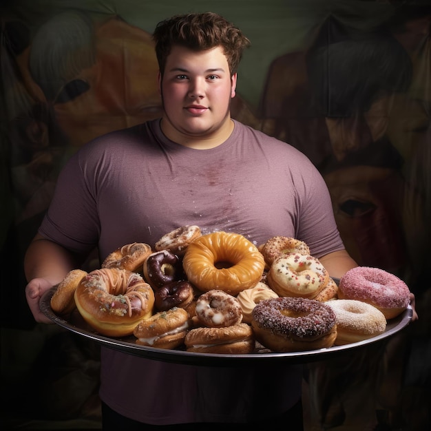 Junger dicker Mann hält ein Tablett mit Junk Food