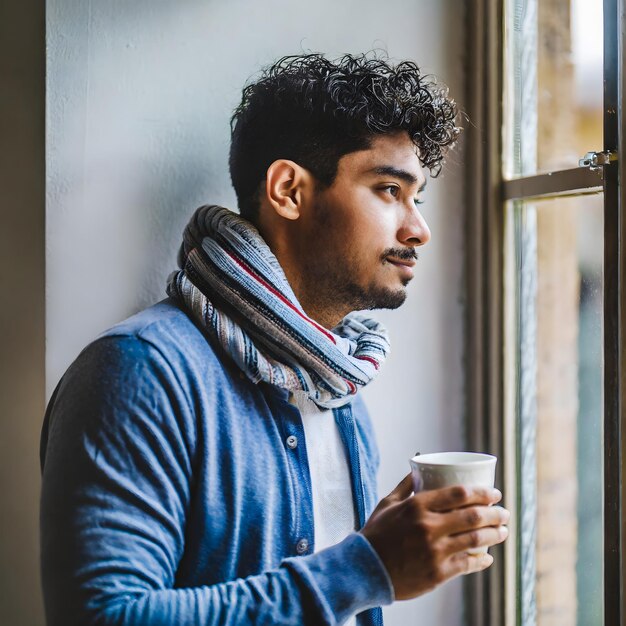 junger Erwachsener trinkt Kaffee an einem kalten Morgen, während er aus dem Fenster schaut