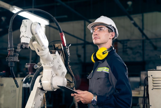 Junger Fabrikarbeiter, der mit einem geschickten Roboterarm arbeitet