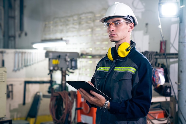 Junger Fabrikarbeiter mit geschicktem Tablet-Computer in einem Werkstattgebäude