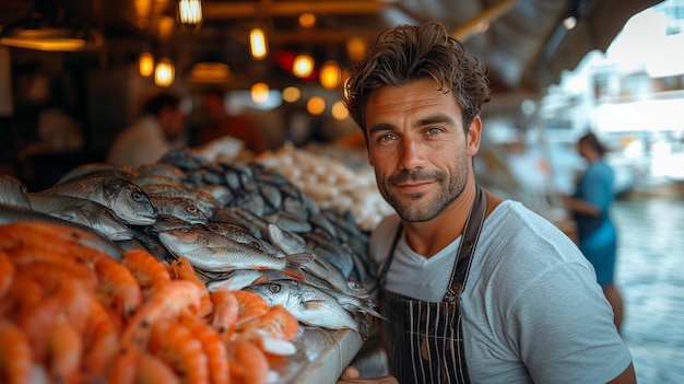 Junger Fischhändler mit Frischfischmarkt Gesundes Meeresfrüchte-Konzept für Design und Lebensstil