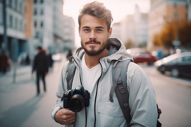 Junger Fotograf fotografiert mit DSLR-Kamera in einer Stadt. Reiseurlaub, professionelle freiberufliche Arbeit und aktives Lifestyle-Konzept