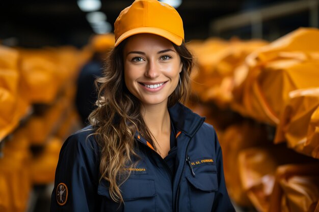 Junger, fröhlicher Arbeiter einer großen modernen Maschinenbaufabrik schaut Sie in der Werkstatt an