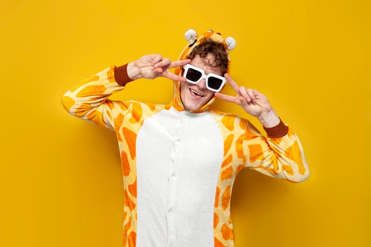Foto junger fröhlicher kerl im lustigen baby-giraffen-pyjama und brille tanzt auf gelbem hintergrund