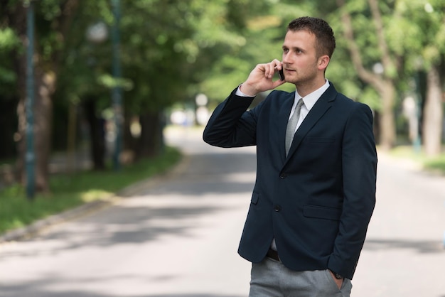 Junger Geschäftsmann, der am Telefon spricht, während er draußen im Park steht