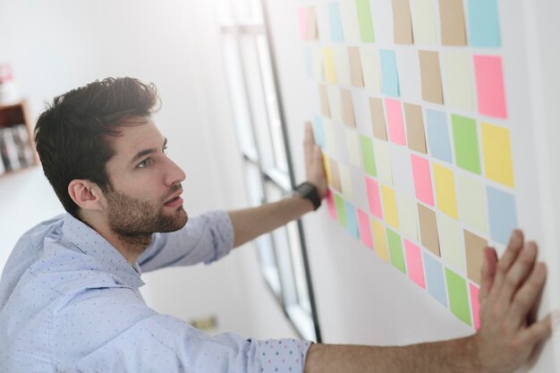 Junger Geschäftsmann, der im Büro mit Haftnotizen an der Wand arbeitet