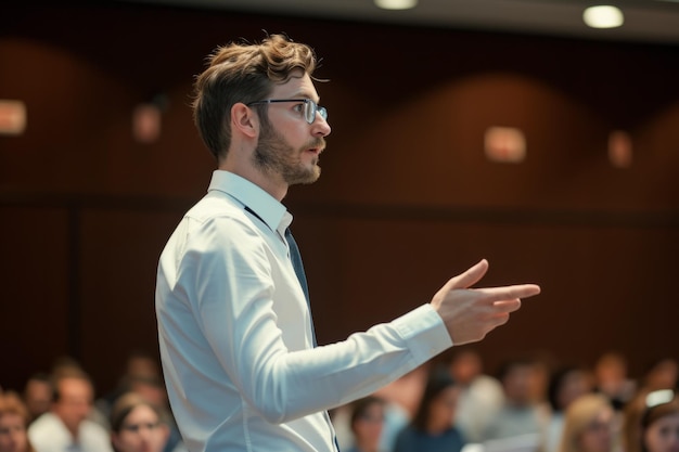 junger Geschäftsmann, Dozent bei einer Konferenz, einem Seminar, einer Sitzung.