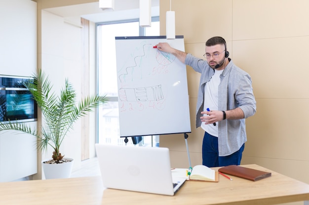 junger Geschäftsmann in der Freizeitkleidung, die eine Headset-Online-Besprechungspräsentation oder ein Training unter Verwendung einer Laptop-Webcam und eines Flipcharts trägt