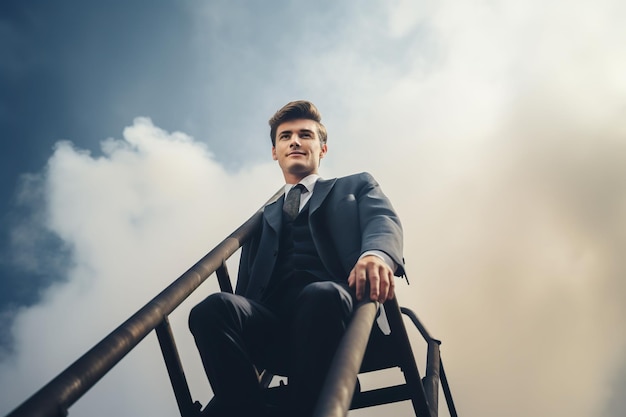 Junger Geschäftsmann sitzt auf einer Leiter vor bewölktem Himmel. Geschäftskonzept