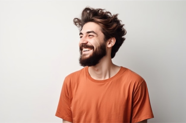 Junger gutaussehender Mann mit Bart und lässigem T-Shirt, der vor weißem Hintergrund steht und zur Seite schaut, mit einem Lächeln im Gesicht und einem natürlichen Gesichtsausdruck, der selbstbewusst lacht