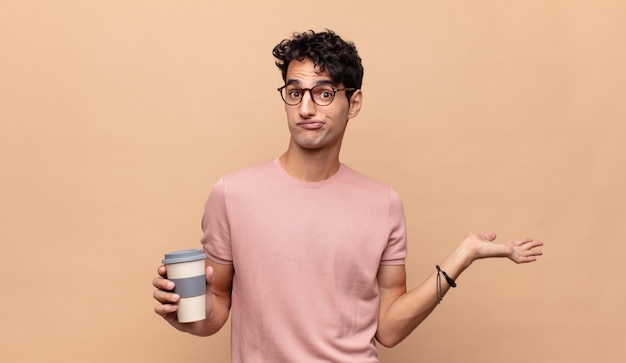 Junger gutaussehender Mann mit einem Kaffee, der sich verwirrt und verwirrt fühlt, zweifelt, gewichtet oder verschiedene Optionen mit lustigem Ausdruck wählt