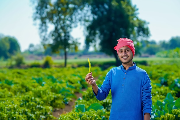 Junger indischer Bauer, der grün kühl in der Hand am Landwirtschaftsfeld hält