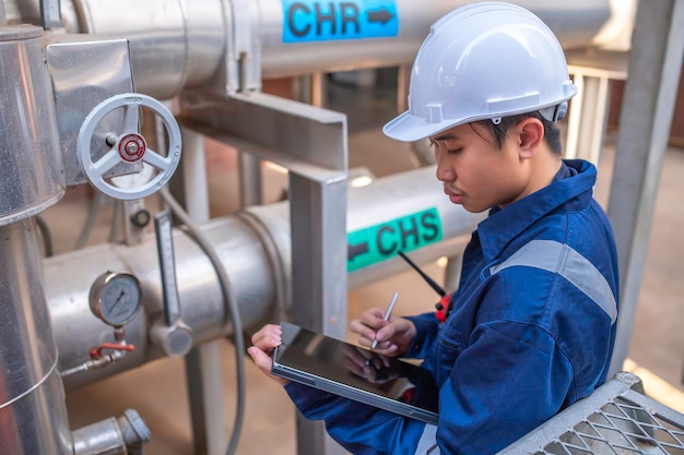 Junger Ingenieur, der in einer großen Fabrik arbeitet. Techniker in Schutzuniform und mit Helm, der die Temperatur in Rohren überprüft