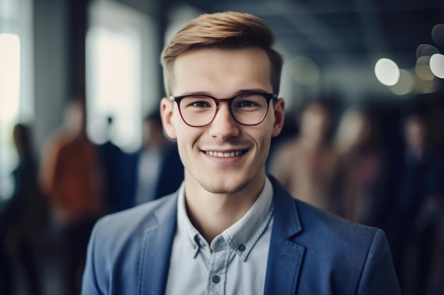 Junger, intelligenter schwedischer Geschäftsmann mit lächelndem Gesicht, der vor dem verschwommenen Hintergrund des geschäftigen Büros steht Generative AI AIG20