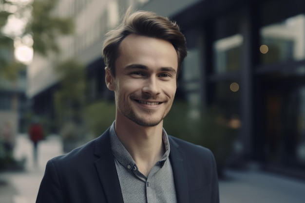 Junger, intelligenter schwedischer Geschäftsmann mit lächelndem Gesicht, der vor dem verschwommenen Hintergrund des modernen Bürogebäudes Generative AI AIG20 steht