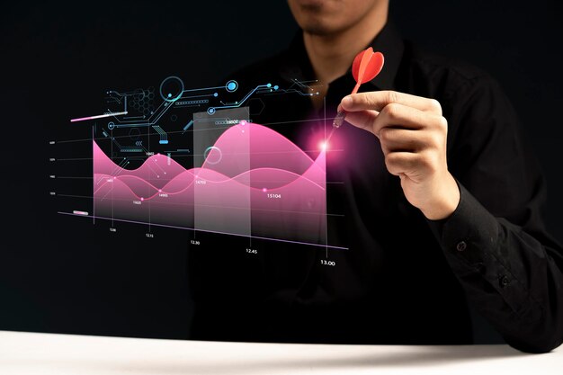 Junger Investor mit grafischer Netzwerkverbindung und Diagramm des Börseninvestitionshandels