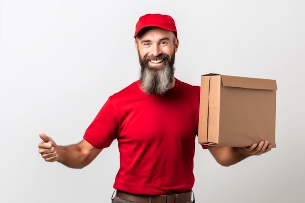 Foto junger kurier mit thermotasche auf farbigem hintergrund, platz für text. lebensmittel-lieferservice. der lieferbote in einer roten t-shirt-uniform arbeitet als kurier und hält einen roten thermo-lebensmittelrucksack. servicekonzept