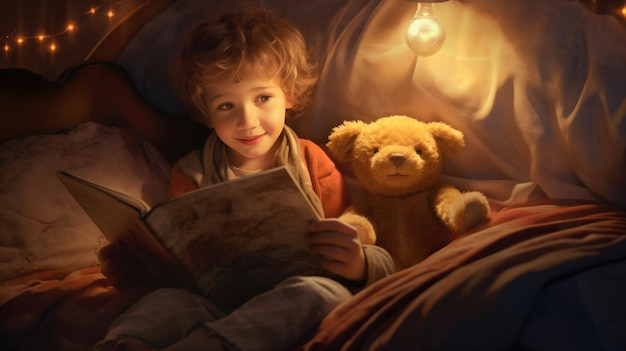 Junger Leser und sein Teddy-Freund Ein Kinderbuchkunstwerk eines Jungen und seines Spielzeugs