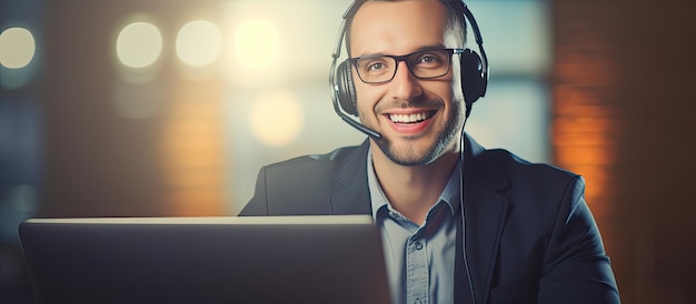Junger männlicher Callcenter-Betreiber lächelt und benutzt einen Laptop mit Headset für Videoanrufe, die für ein Porträt posieren