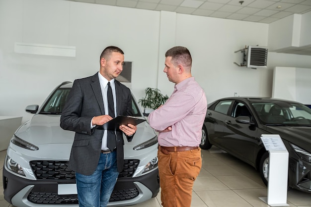 Junger männlicher Kunde wählt neues Auto mit Verkäufer im modernen Salon