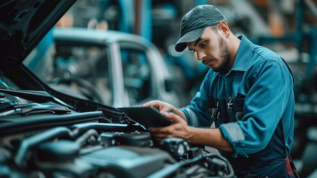 junger männlicher Techniker, der ein digitales Smartphone benutzt, während er in einer Garage an einem Autoreparaturdienst arbeitet