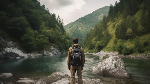 Junger männlicher Tourist mit Reiserucksack stehend Generative KI