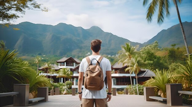 junger männlicher Tourist und Reiseaufenthalt in einem wunderschönen Ferienort mit Aussicht auf die Berge