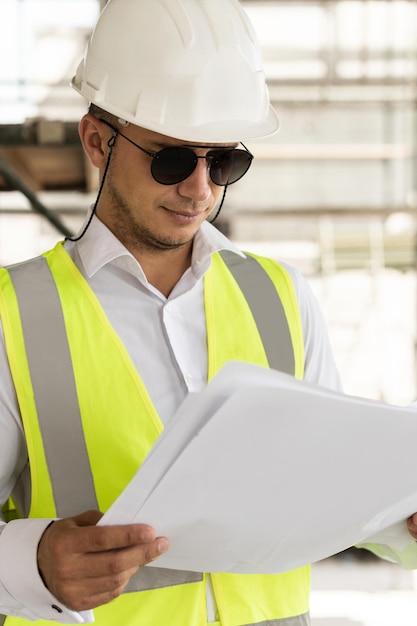 Junger Mann Architekt mit Sicherheitsweste mit Blaupausen auf einer Baustelle