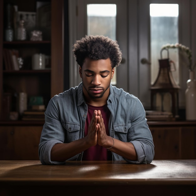 Junger Mann betet zu Hause