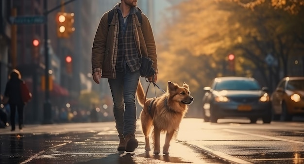 Junger Mann, der am Herbsttag nach dem Regen mit dem Hund in der Stadt spazieren geht. KI generiert