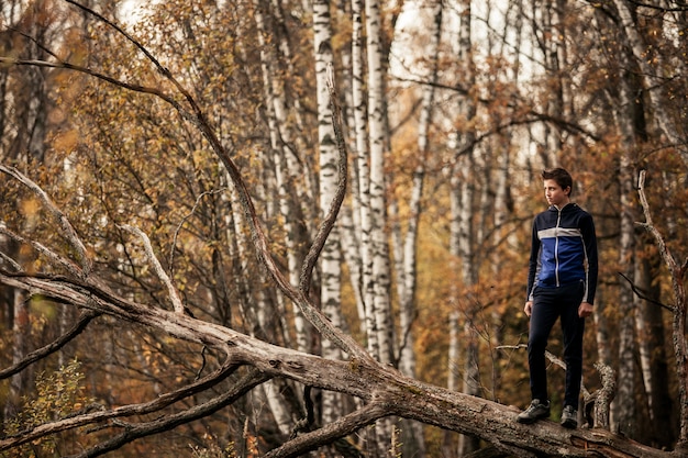 Junger Mann, der auf gefallenem Baum steht