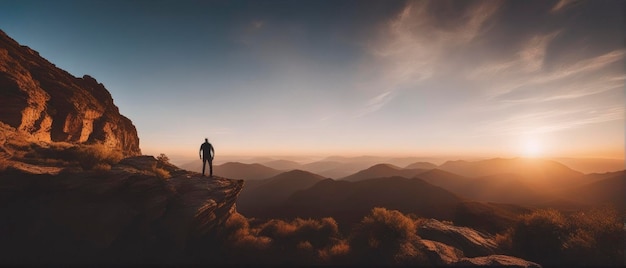 Junger Mann, der auf Klippe in den Sommerbergen bei Sonnenuntergang steht und Ansicht der Natur genießt