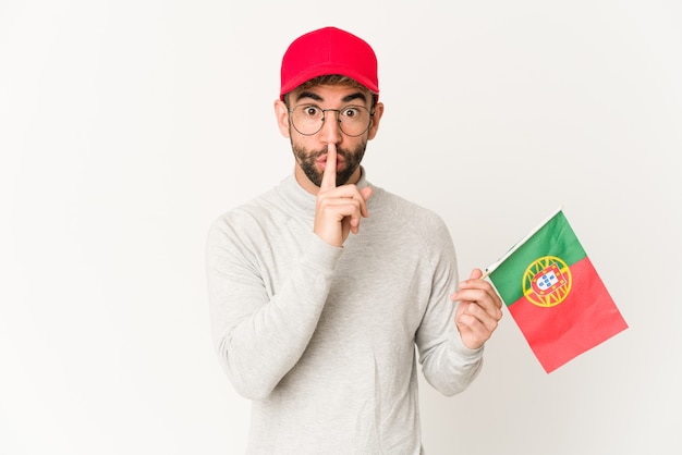 Junger Mann, der eine Portugalflagge hält