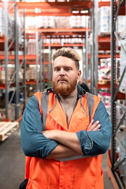 Foto junger mann, der in einem lager arbeitet