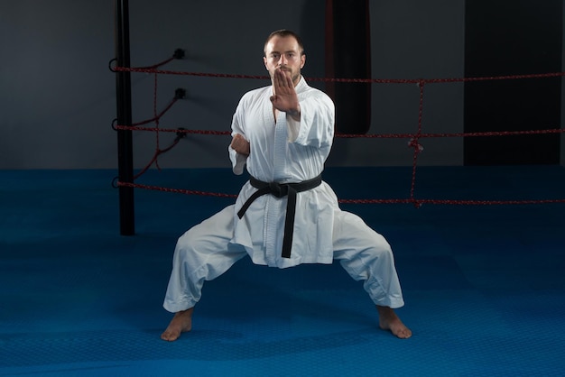 Junger Mann, der seine Karate-Bewegungen übt, weißer Kimono, schwarzer Gürtel