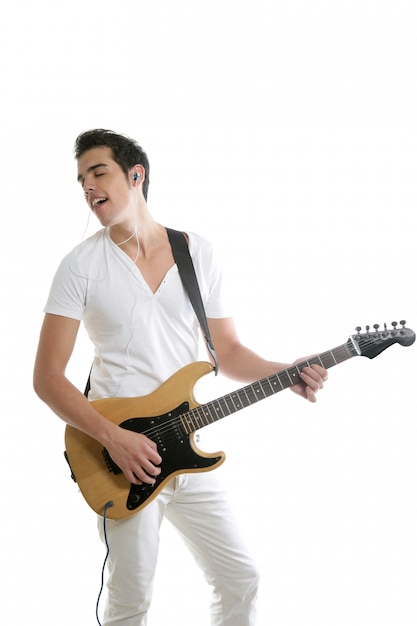 Foto junger mann des musikers, der e-gitarre spielt