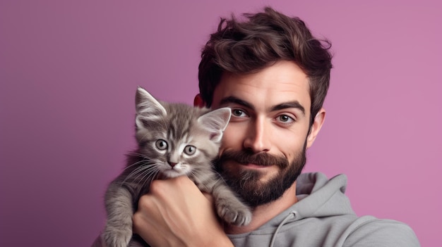Junger Mann hält ein Kätzchen im Arm auf violettem Hintergrund