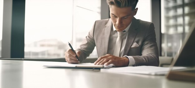 Junger Mann im Anzug schreibt Geschäftspapiere am Schreibtisch im modernen Büro