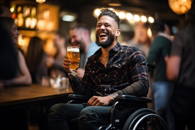 Junger Mann im Rollstuhl feiert den St. Patrick's Day in einer Bar. Generative KI