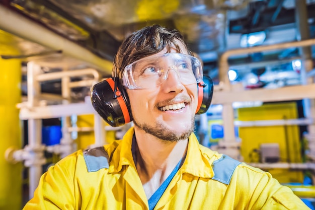 Junger Mann in einer gelben Arbeitsuniform, Brille und Helm in industrieller Umgebung, Ölplattform oder