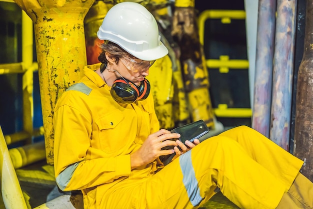 Junger Mann in einer gelben Arbeitsuniform, Brille und Helm in industrieller Umgebung, Ölplattform oder