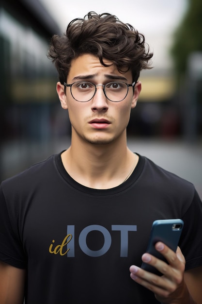 Foto junger mann in grauem t-shirt und brille mit smartphone in der hand