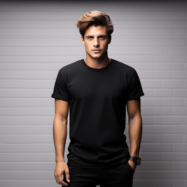 junger Mann in schwarzem T-Shirt steht gegen eine graue Wand
