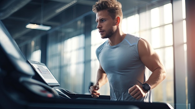 Junger Mann in Sportkleidung läuft im Fitnessstudio auf dem Laufband