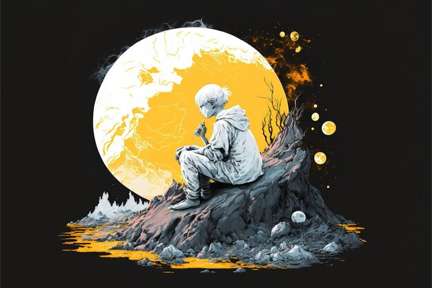 Junger Mann in Weiß, der auf den leuchtenden kleinen Planeten auf dem Boden blickt, digitale Kunststil-Illustrationsmalerei, Fantasy-Konzept eines jungen Mannes, der auf einen anderen Planeten blickt
