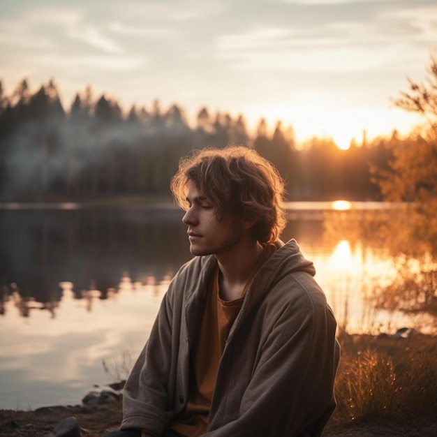 Foto junger mann meditiert am see in der natur